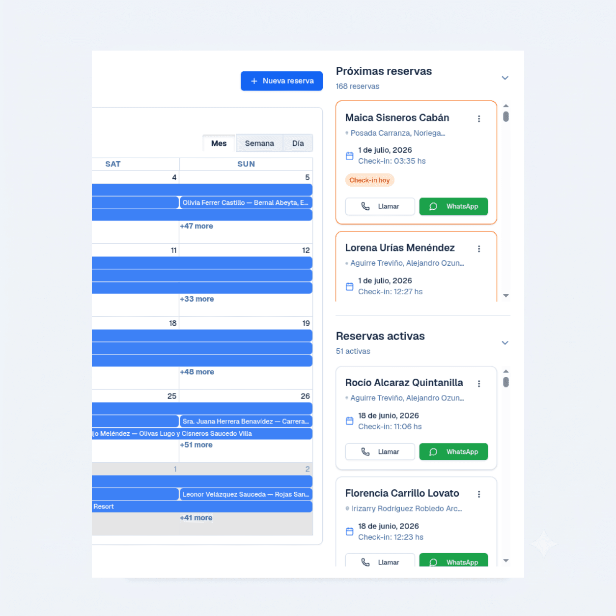 Calendario de disponibilidad con fechas reservadas marcadas en azul y listado de próximas reservas confirmadas